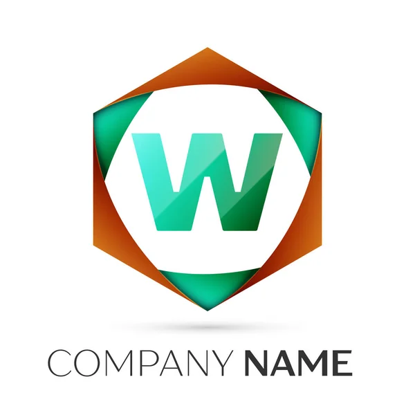 Letter W vector logo symbol in the colorful hexagonal on grey background. Vector template for your design — Stock Vector