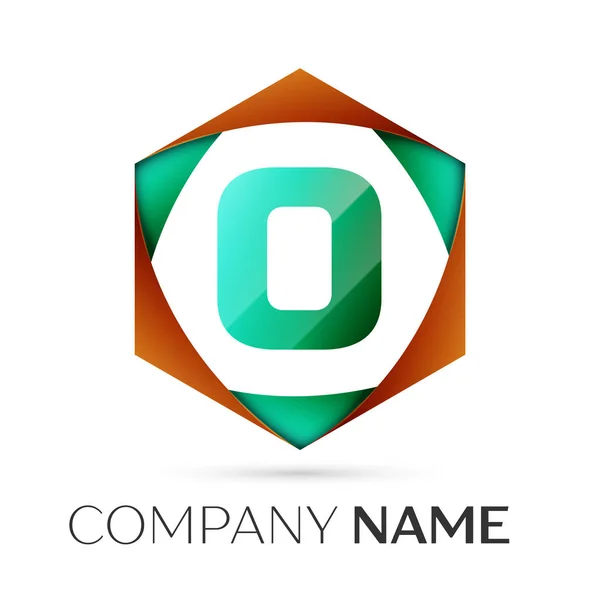 Символ векторного логотипа буквы O в красочном шестиугольнике на сером фоне. Векторный шаблон для Вашего дизайна — стоковый вектор
