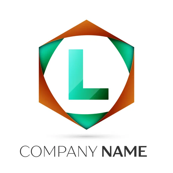 Letter L vector logo symbool in de kleurrijke zeshoekige op grijze achtergrond. Vector sjabloon voor uw ontwerp — Stockvector