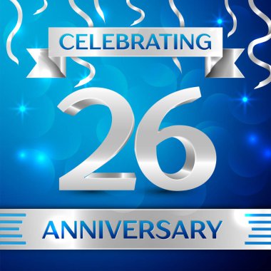 Yirmi altı yıl yıldönümü kutlama tasarım. Konfeti ve gümüş şerit mavi arka plan üzerinde. Doğum günü partin için renkli vektör şablon öğeleri. Yıldönümü şerit