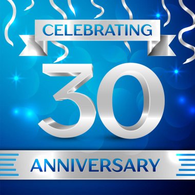 Otuz yıl yıldönümü kutlama tasarım. Konfeti ve gümüş şerit mavi arka plan üzerinde. Doğum günü partin için renkli vektör şablon öğeleri. Yıldönümü şerit