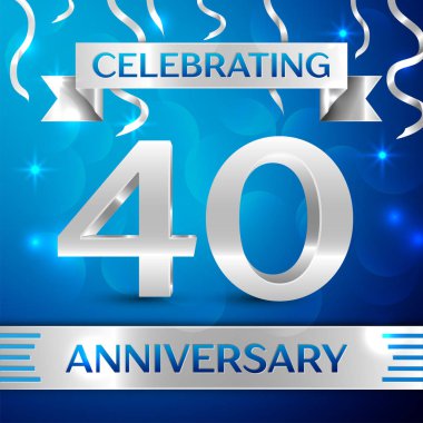 Kırk yıl yıldönümü kutlama tasarım. Konfeti ve gümüş şerit mavi arka plan üzerinde. Doğum günü partin için renkli vektör şablon öğeleri. Yıldönümü şerit