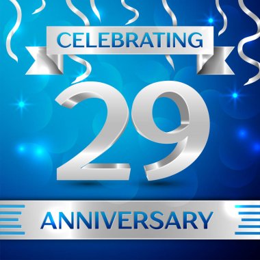 Yirmi dokuz yıl yıldönümü kutlama tasarım. Konfeti ve gümüş şerit mavi arka plan üzerinde. Doğum günü partin için renkli vektör şablon öğeleri. Yıldönümü şerit