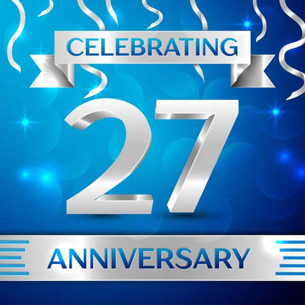 Twenty seven Years Anniversary Celebration Design. Confetti and silver ribbon on blue background. Colorful Vector template elements for your birthday party. Anniversary ribbon