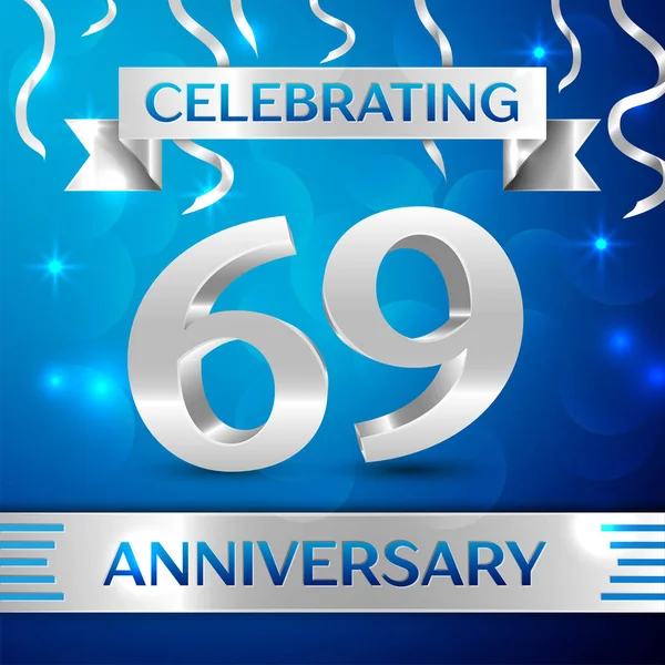 Altmış dokuz yıl yıldönümü kutlama tasarım. Konfeti ve gümüş şerit mavi arka plan üzerinde. Doğum günü partin için renkli vektör şablon öğeleri. Yıldönümü şerit