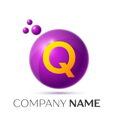 Q harfi sıçrama logosunu görmeniz gerekir. Mor noktalar ve daire kabarcık mektup tasarım gri arka plan üzerinde. Vektör çizim