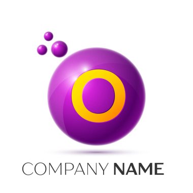 O mektup sıçrama logosunu görmeniz gerekir. Mor noktalar ve daire kabarcık mektup tasarım gri arka plan üzerinde. Vektör çizim