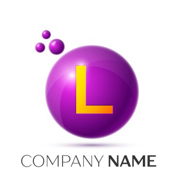 L harfi sıçrama logosunu görmeniz gerekir. Mor noktalar ve daire kabarcık mektup tasarım gri arka plan üzerinde. Vektör çizim