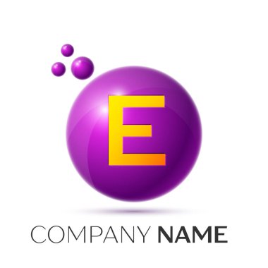 E mektup sıçrama logosunu görmeniz gerekir. Mor noktalar ve daire kabarcık mektup tasarım gri arka plan üzerinde. Vektör çizim