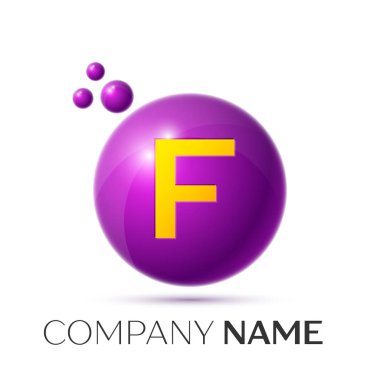 F harfi sıçrama logosunu görmeniz gerekir. Mor noktalar ve daire kabarcık mektup tasarım gri arka plan üzerinde. Vektör çizim