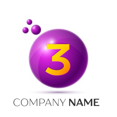 Üç numaralı sıçrama logosunu görmeniz gerekir. Mor noktalar ve kabarcıklar numara tasarım gri arka plan üzerinde. Vektör çizim