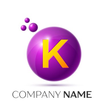 K harfi sıçrama logosunu görmeniz gerekir. Mor noktalar ve daire kabarcık mektup tasarım gri arka plan üzerinde. Vektör çizim