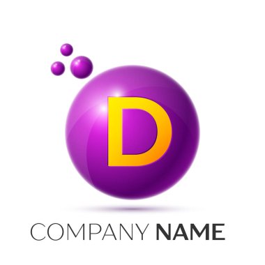 D harfi sıçrama logosunu görmeniz gerekir. Mor noktalar ve daire kabarcık mektup tasarım gri arka plan üzerinde. Vektör çizim