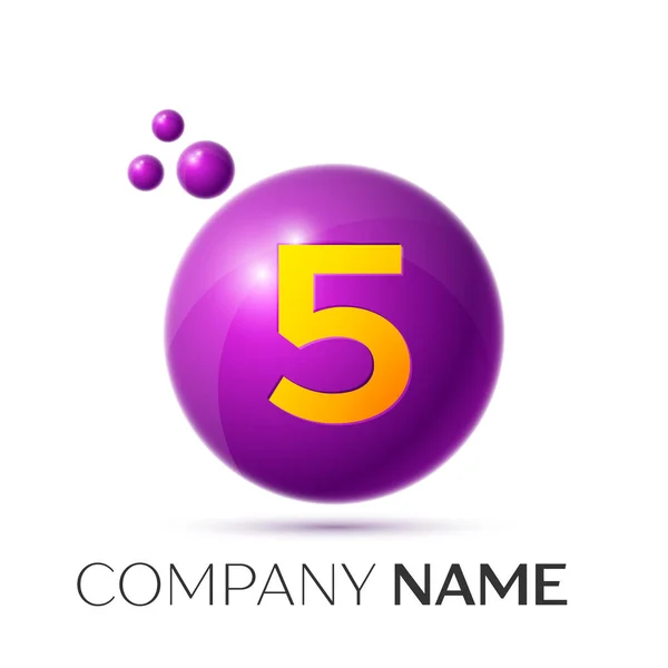 Logo numero cinque. Puntini viola e bolle disegno numero su sfondo grigio. Illustrazione vettoriale — Vettoriale Stock