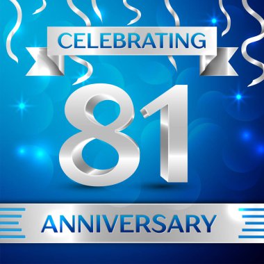 Seksen bir yıl yıldönümü kutlama tasarım. Konfeti ve gümüş şerit mavi arka plan üzerinde. Doğum günü partin için renkli vektör şablon öğeleri. Yıldönümü şerit