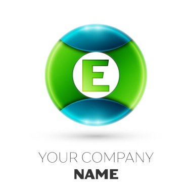 Gerçekçi harf E vektör logosu simgesi beyaz arka plan üzerinde renkli daire içinde. Tasarımınız için vektör şablonu