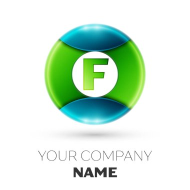 Gerçekçi harfi F vektör logosu simgesi beyaz arka plan üzerinde renkli daire içinde. Tasarımınız için vektör şablonu