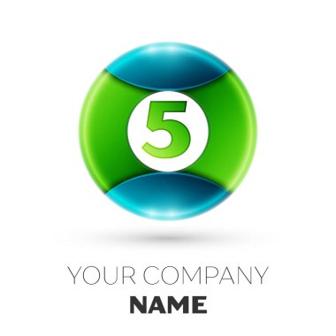 Gerçekçi beş numaralı vektör logosu simgesi beyaz arka plan üzerinde renkli daire içinde. Tasarımınız için vektör şablonu