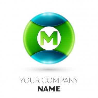 Gerçekçi mektup M vektör logosu simgesi beyaz arka plan üzerinde renkli daire içinde. Tasarımınız için vektör şablonu
