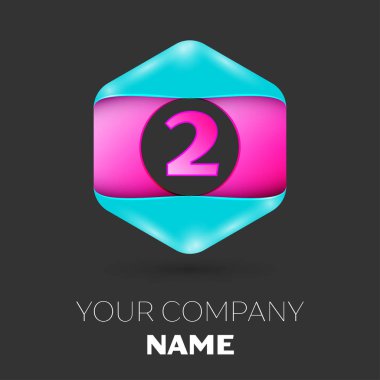 Gerçekçi iki numaralı vektör logo simge renkli siyah arka plan üzerine altıgen. Tasarımınız için vektör şablonu