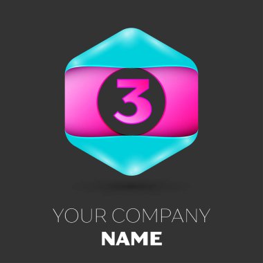 Gerçekçi üç numaralı vektör logo simge renkli siyah arka plan üzerine altıgen. Tasarımınız için vektör şablonu