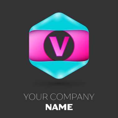 Gerçekçi harf V vektör logo simge renkli siyah arka plan üzerine altıgen. Tasarımınız için vektör şablonu