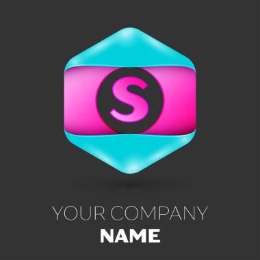 Gerçekçi S harfi vektör logo simge renkli siyah arka plan üzerine altıgen. Tasarımınız için vektör şablonu