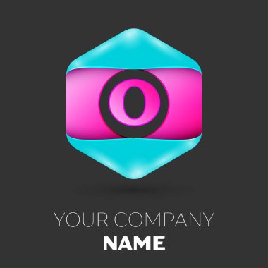 Gerçekçi harf O vektör logo simge renkli siyah arka plan üzerine altıgen. Tasarımınız için vektör şablonu