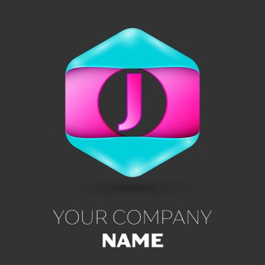 Gerçekçi harf J vektör logo simge renkli siyah arka plan üzerine altıgen. Tasarımınız için vektör şablonu
