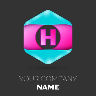 Gerçekçi H harfi vektör logo simge renkli siyah arka plan üzerine altıgen. Tasarımınız için vektör şablonu