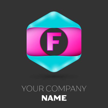 Gerçekçi harfi F vektör logo simge renkli siyah arka plan üzerine altıgen. Tasarımınız için vektör şablonu
