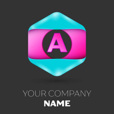 Gerçekçi harf A vektör logo simge renkli siyah arka plan üzerine altıgen. Tasarımınız için vektör şablonu