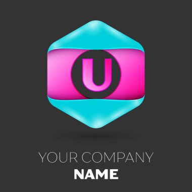 Gerçekçi harf U vektör logo simge renkli siyah arka plan üzerine altıgen. Tasarımınız için vektör şablonu