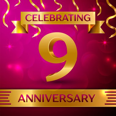 Dokuz yıl yıldönümü kutlama tasarım. Konfeti ve altın şerit pembe bir arka plan üzerinde. Doğum günü partin için renkli vektör şablon öğeleri. Yıldönümü şerit