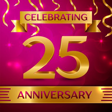 Yirmi beş yıl yıldönümü kutlama tasarım. Konfeti ve altın şerit pembe bir arka plan üzerinde. Doğum günü partin için renkli vektör şablon öğeleri. Yıldönümü şerit