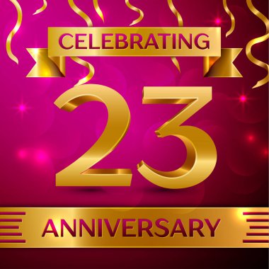 Yirmi üç yıl yıldönümü kutlama tasarım. Konfeti ve altın şerit pembe bir arka plan üzerinde. Doğum günü partin için renkli vektör şablon öğeleri. Yıldönümü şerit