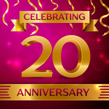Yirmi yıl yıldönümü kutlama tasarım. Konfeti ve altın şerit pembe bir arka plan üzerinde. Doğum günü partin için renkli vektör şablon öğeleri. Yıldönümü şerit