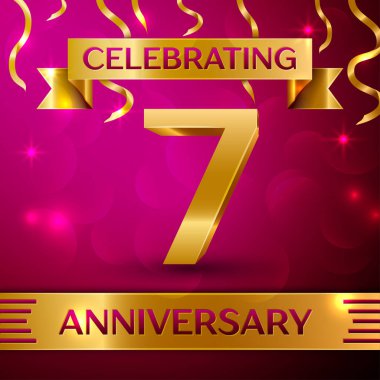 Yedi yıl yıldönümü kutlama tasarım. Konfeti ve altın şerit pembe bir arka plan üzerinde. Doğum günü partin için renkli vektör şablon öğeleri. Yıldönümü şerit