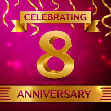 Sekiz yıl yıldönümü kutlama tasarım. Konfeti ve altın şerit pembe bir arka plan üzerinde. Doğum günü partin için renkli vektör şablon öğeleri. Yıldönümü şerit