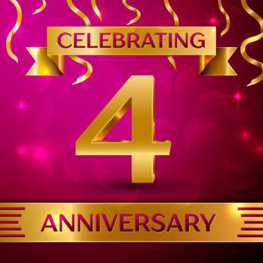 Dört yıl yıldönümü kutlama tasarım. Konfeti ve altın şerit pembe bir arka plan üzerinde. Doğum günü partin için renkli vektör şablon öğeleri. Yıldönümü şerit