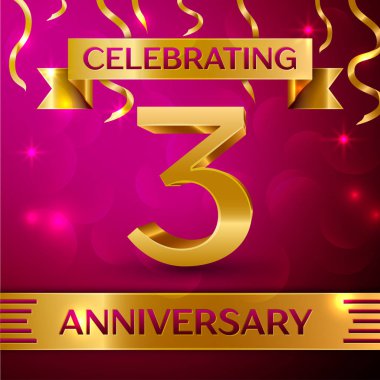 Üç yıl yıldönümü kutlama tasarım. Konfeti ve altın şerit pembe bir arka plan üzerinde. Doğum günü partin için renkli vektör şablon öğeleri. Yıldönümü şerit