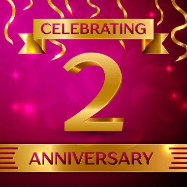 İki yıl yıldönümü kutlama tasarım. Konfeti ve altın şerit pembe bir arka plan üzerinde. Doğum günü partin için renkli vektör şablon öğeleri. Yıldönümü şerit