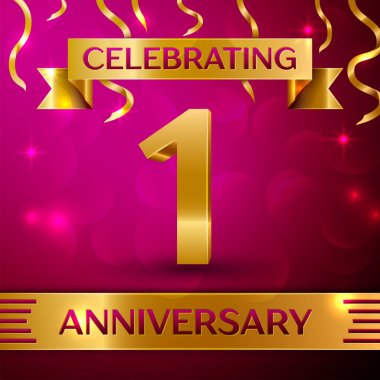 Bir yıl yıldönümü kutlama tasarım. Konfeti ve altın şerit pembe bir arka plan üzerinde. Doğum günü partin için renkli vektör şablon öğeleri. Yıldönümü şerit