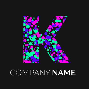 K harfi logosu pembe, mor, yeşil parçacıklar ve kabarcıklar nokta siyah arka plan ile. Tasarımınız için vektör şablonu