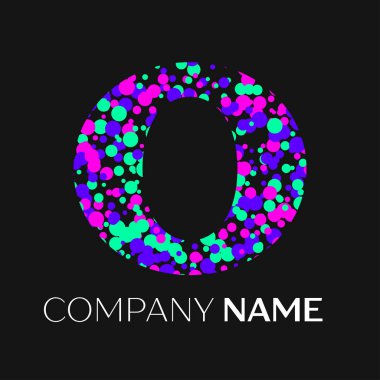 O harfi logosu pembe, mor, yeşil parçacıklar ve kabarcıklar nokta siyah arka plan ile. Tasarımınız için vektör şablonu