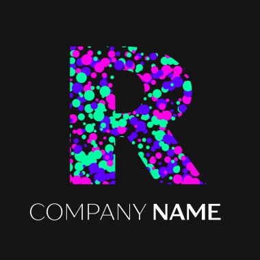 R harfi logosu pembe, mor, yeşil parçacıklar ve kabarcıklar nokta siyah arka plan ile. Tasarımınız için vektör şablonu