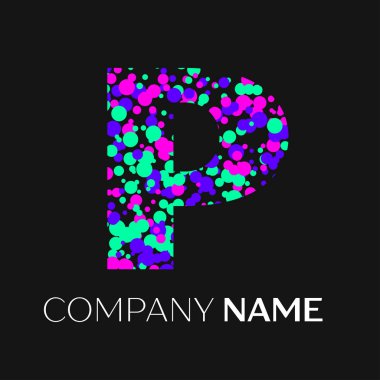 P harfi logosu pembe, mor, yeşil parçacıklar ve kabarcıklar nokta siyah arka plan ile. Tasarımınız için vektör şablonu