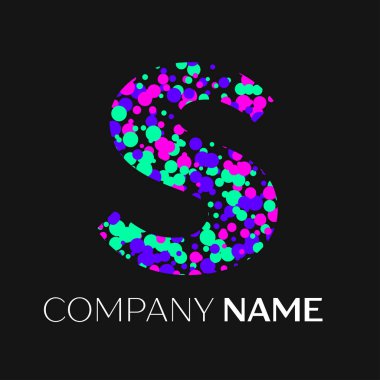 S harfi logosu pembe, mor, yeşil parçacıklar ve kabarcıklar nokta siyah arka plan ile. Tasarımınız için vektör şablonu