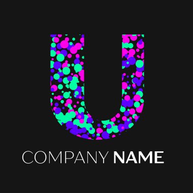 U harfi logosu pembe, mor, yeşil parçacıklar ve kabarcıklar nokta siyah arka plan ile. Tasarımınız için vektör şablonu