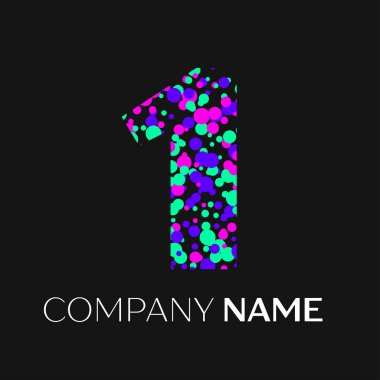 Pembe, mor, yeşil parçacıklar ve kabarcıklar nokta siyah arka plan üzerine bir numaralı logolu. Tasarımınız için vektör şablonu